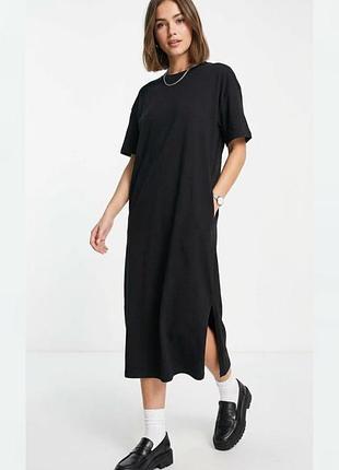 Черное хлопковое платье-футболка миди h&m с разрезами по бокам и карманами, размер eur l