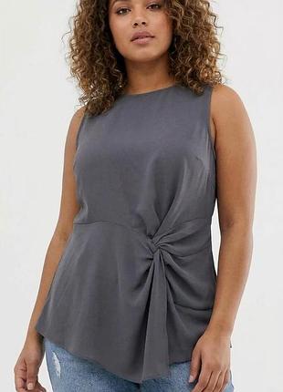 Серая элегантная блуза-топ river island с узлом-драпировкой сбоку, размер uk 16 / eur 42