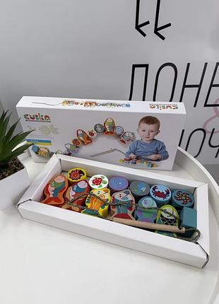 Дерев'яна іграшка шнурівка cubika морські мешканці, розвивальний набір із рибками та морськими тваринами (ігр1959)