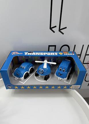 Игровой набор машинок технок транспорт мини, 3 машинки полицейская машина, вертолет и микроавтобус, детский транспорт (игр07327)
