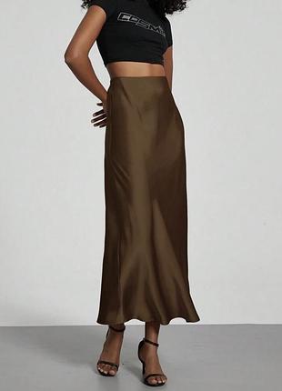 Коричнева атласна міді спідниця shein m 🛍️1+1=3🛍️