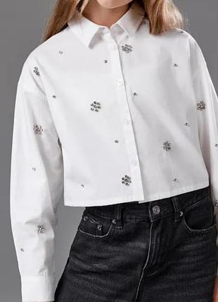 Укороченная белая рубашка / блуза zara со стразами на девочку 11-12 лет (рост 152 см)