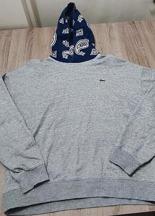 Оригинальное мужское худи lacoste l!ve bandana hoodie (серый меланж / синяя бандана)