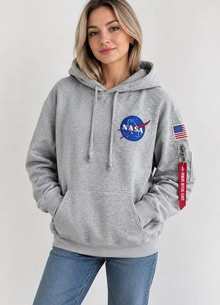 Худи кофта наса nasa серое с капюшоном теплая толстовка космос унисекс