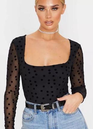 Стильний лонгслів в сіточку, боді в горох boohoo р. s напівпрозорий, кофта в сітку, бодік, квадратний виріз, в горошок
