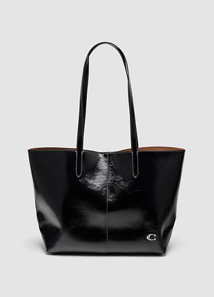 💎 coach north tote 32 glazed leather black/silver 32 х 28 х 14 см
