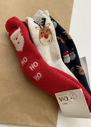 Новогодние махровые носки c&a baby с тормозами 21/23 набором 3 пары теплые зимние детские носочки с оленем сантой