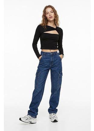 Черный топ divided h&m с длинным рукавом, вырезом и узлом, размер xs