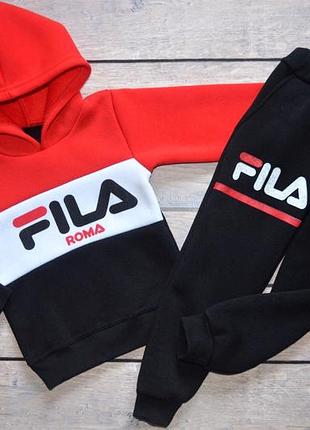 Детский тёплый костюм для мальчика и девочки "fila" фила (рост 86-92, 92-98), (1.5-2, 2-3 года), новый, спортивный, цвет: красный с чёрным