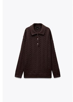 Коричневий в'язаний светр з коміром поло zara