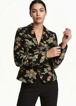 Жіночий блейзер піджак h&m із жакардової тканини з гобеленовим квітковим візерунком чорний для офісу роботи вінтажний приталений xs-s 42-44