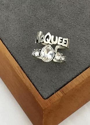 Кольцо двойное alexander mcqueen silver crystal & logo band люкс качество