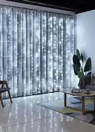 Новогодняя led гирлянда штора 3х1 м, холодный белый цвет, светодиодный занавес 3х1
