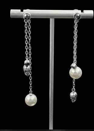 Сережки-трансформери alexander mcqueen «silver skull & pearl chains» з черепами та перлами преміум'якість