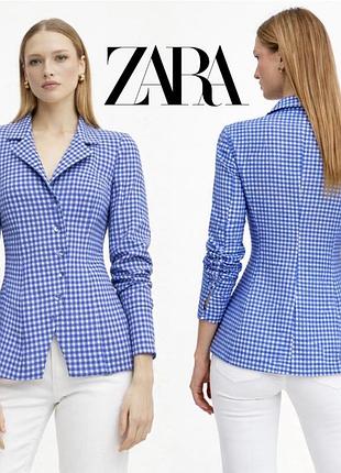 Zara асиметричний жакет із суміші бавовни в клітинку