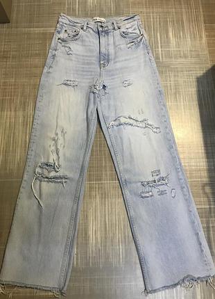 Zara premium denim💙жіночі  молодіжні світло-блакитні широкі рвані  джинси  штани💛розмір 38/м /жіночий одяг