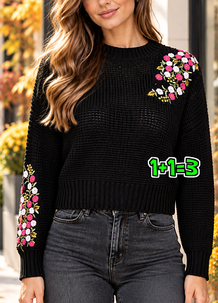 🎁1+1=3 стильный черный женский свитер с вышивкой topshop, размер 44 - 46