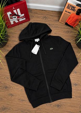 Мужское худи на молнии lacoste черное / брендовая кофта lacoste с капюшоном / мужская зип-худи лакост черного цвета / спортивная кофта lacoste на