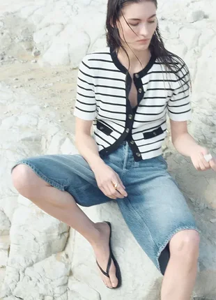 🖤укорочений трикотажний кардиган у смужку h&m/смугастий топ на ґудзиках з коротким рукавом🖤