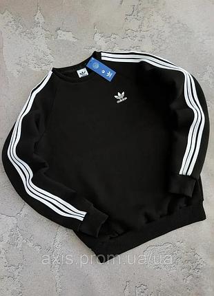 Свитшот adidas черный с белыми полосками, мужская спортивная кофта adidas без капюшона, качественная толстовка адидас на осень l