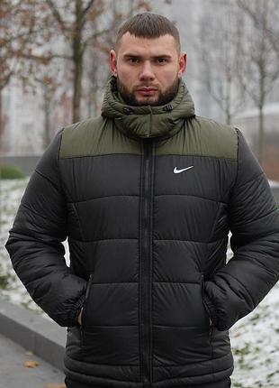 Мужская зимняя куртка nike с утеплителем термо с застежкой-молнией карманами для холодной погоды для активного отдыха чорний з хакі, l