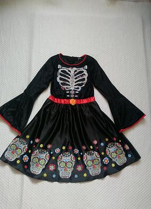 Карнавальное платье скелет с черепами на хеллоуин halloween 7-8 лет