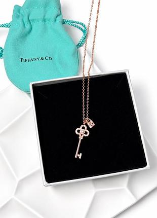 Жіноче кольє ключик tiffany keys у золотистому кольорі, підвіска ключ із камінцями та замочком, нержавіюча сталь