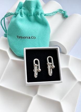 Сережки жіночі у стилі tiffany hardwear, сріблясті сережки-скріпки з фіанітами, нержавіюча сталь, мішечок tiffany