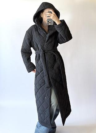 Довга стьобана куртка пальто з капюшоном zara xs