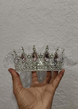 Новая серебряная корона с розовыми камнями на торт диадема