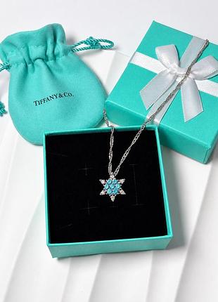 Колье снежинка в стиле tiffany, голубые камни, серебристое, с подарочной упаковкой