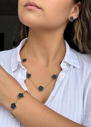 Набір прикрас жіночий van cleef у стилі alhambra, чорна конюшина, кольє, браслет, сережки, нержавіюча сталь, подарункове пакування