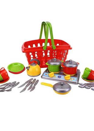 Набір посуду "галинка 10" 1172 (4) "technok toys", набір на 4 персони, плита, каструлі, пательня, чайник, кошик для продуктів, в