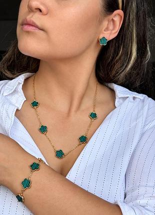 Набір прикрас van cleef у стилі alhambra, зелена конюшина малахіт, кольє, браслет, сережки, нержавіюча сталь, подарункове пакуванн