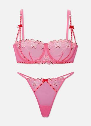 Комплект белья primark embroidered candy pink  bra and thong - 36e 80f + трусики 14-16 uk