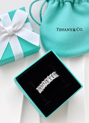 Каблучка-доріжка багет у стилі tiffany з фіанітами, срібляста
