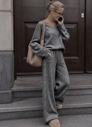 Женский базовый теплый костюм двойка ангора вязка серый, l-xl