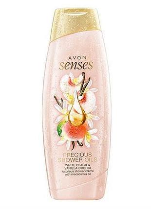 Крем-гель для душу з олією макадамії avon senses «білий персик і ванільна орхідея», 500 мл