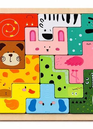 Дерев'яна логічна гра animal tetris  із завданнями, 11 фігурок тварин