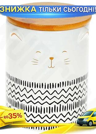 Ku керамічна банка для universal fit сипучих продуктів 600мл the cat біла з бамбуковою кришкою для збе uni2l_k