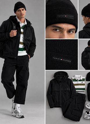Шапка чоловіча tommy hilfiger в'язана в рубчик з вишивкою, чорна