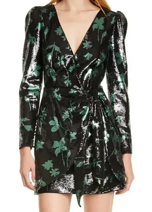 Платье self-portrait sequin black green leaf mini dress