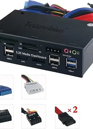 Многофункциональная передняя панель tccmebius tcc-ql5e 5.25" с usb 3.0, картридером, sata/e-sata и аудио