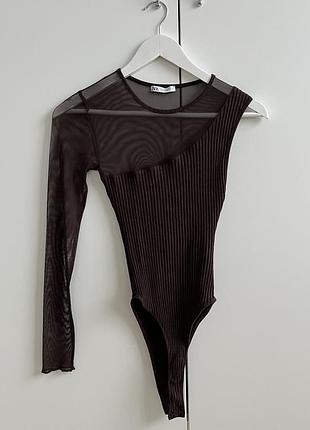 Жіноче боді zara асиметричне з довгим рукавом, коричневе