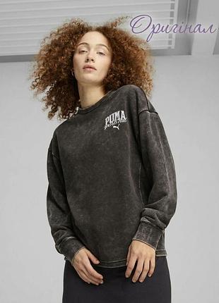 Свитшот puma sports club оверсайз оригинал винтаж / женская кофта пума графит washed black с надписью брендовый размер s