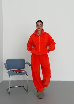 Женский флисовый спортивный костюм оверсайз с кофтой на молнии с брюками с кулисками