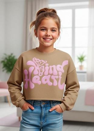 Дитячий укорочений світшот,для дівчинки h&m 12–14 років (158/164см), бежевий з рожевим принтом