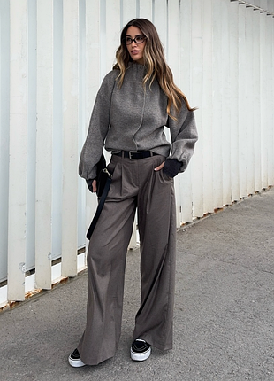 Серо бежевые брюки wide leg zara