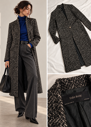 Осеннее женское шерстяное пальто zara ёлочкадлинное фактурное, с шерстью