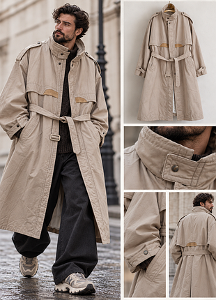 Винтажный мужской плащ макси, длинный тренч oversize, бежевый, объемный, с поясом